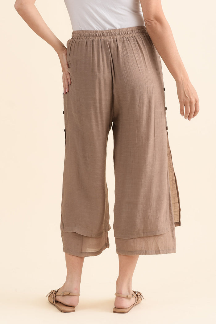 Watson Mocha Cotton Blend Layered Pants,brunette model,Back of Outfit,alt text|model:MJ