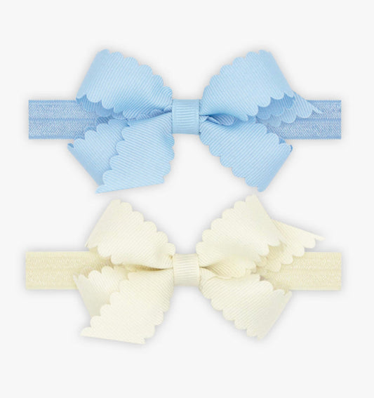 Wee Ones Two Mini Scalloped Bows With Bands-Blue & Cream