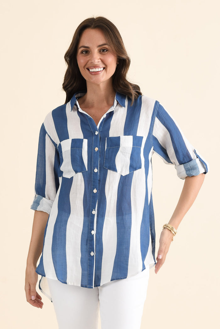 Wellington Blue Stripe Linen Shirt,brunette model,Front of Outfit,alt text|model:MJ