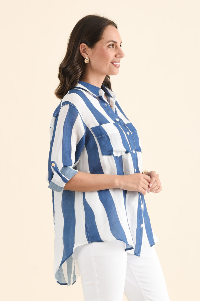 Wellington Blue Stripe Linen Shirt,brunette model,Side of Outfit,alt text|model:MJ