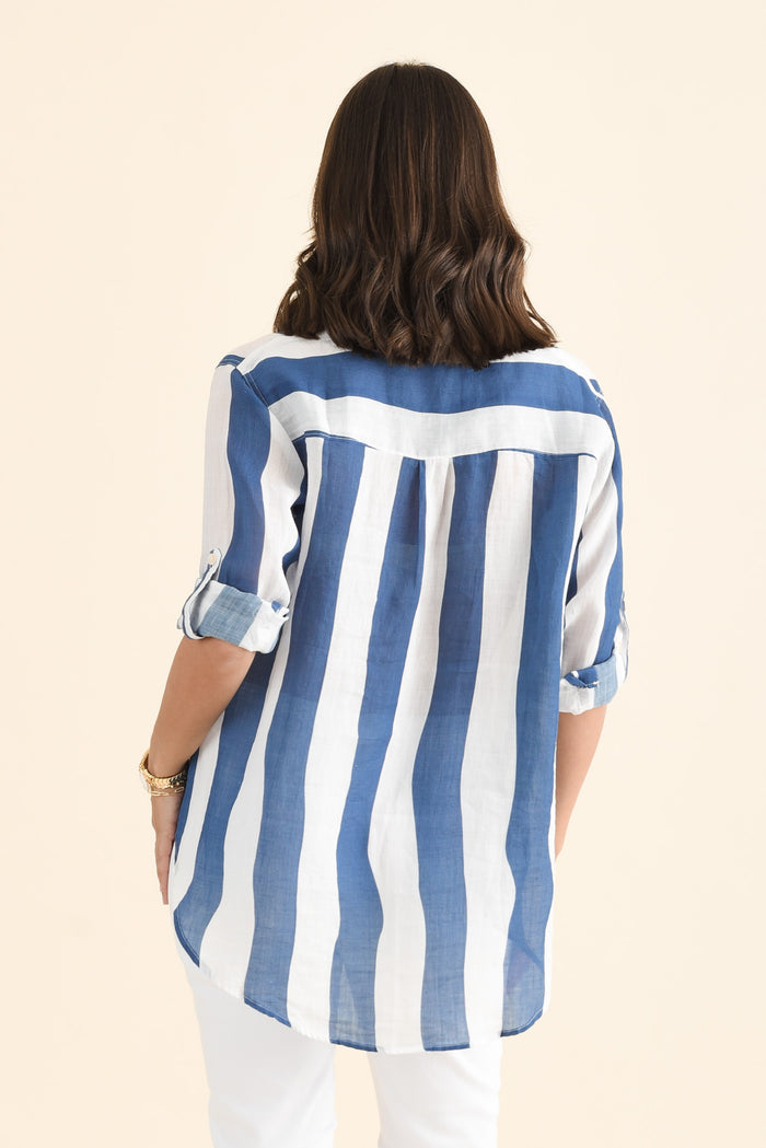 Wellington Blue Stripe Linen Shirt,brunette model,Back of Outfit,alt text|model:MJ