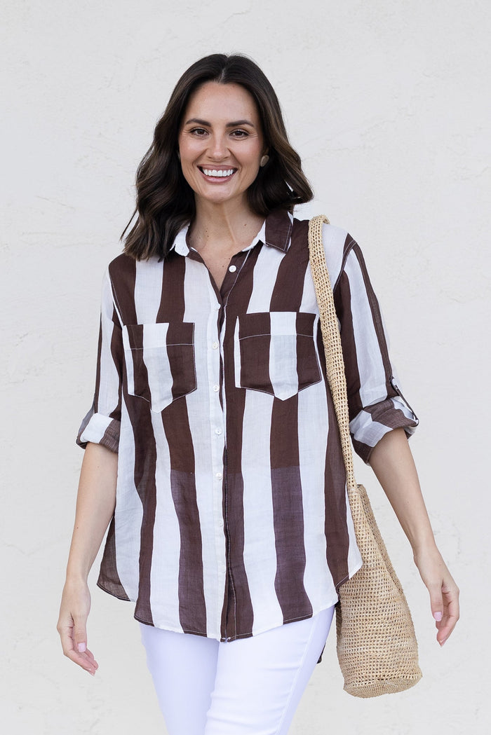 Wellington Chocolate Stripe Linen Shirt,brunette model,Front of Outfit,Lifestyle