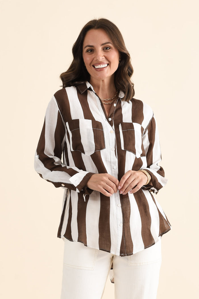 Wellington Chocolate Stripe Linen Shirt,brunette model,Front of Outfit,alt text|model:MJ