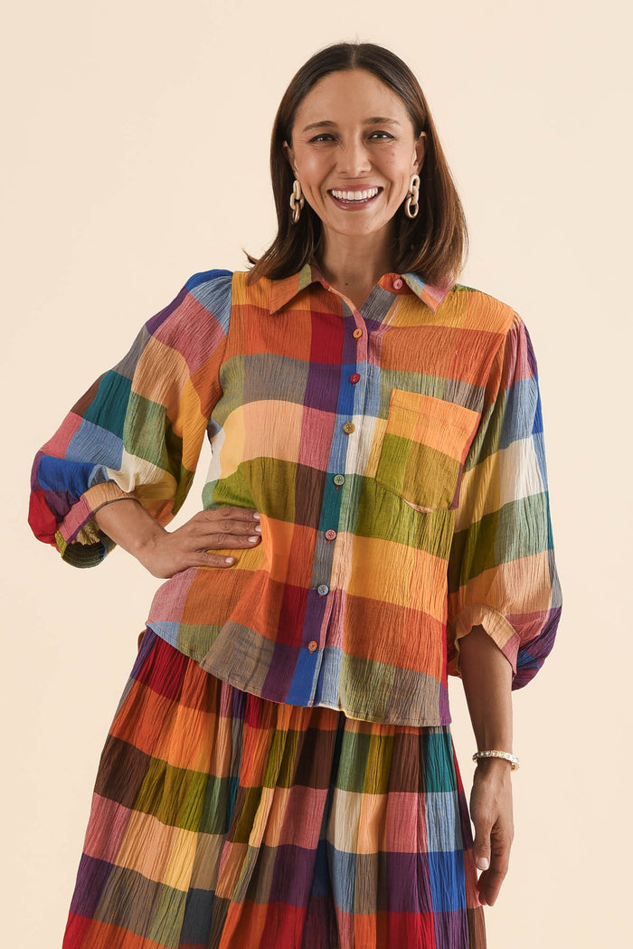 Wesley Orange Check Cotton Shirt,Front,Brunette model,alt text|model:Cara