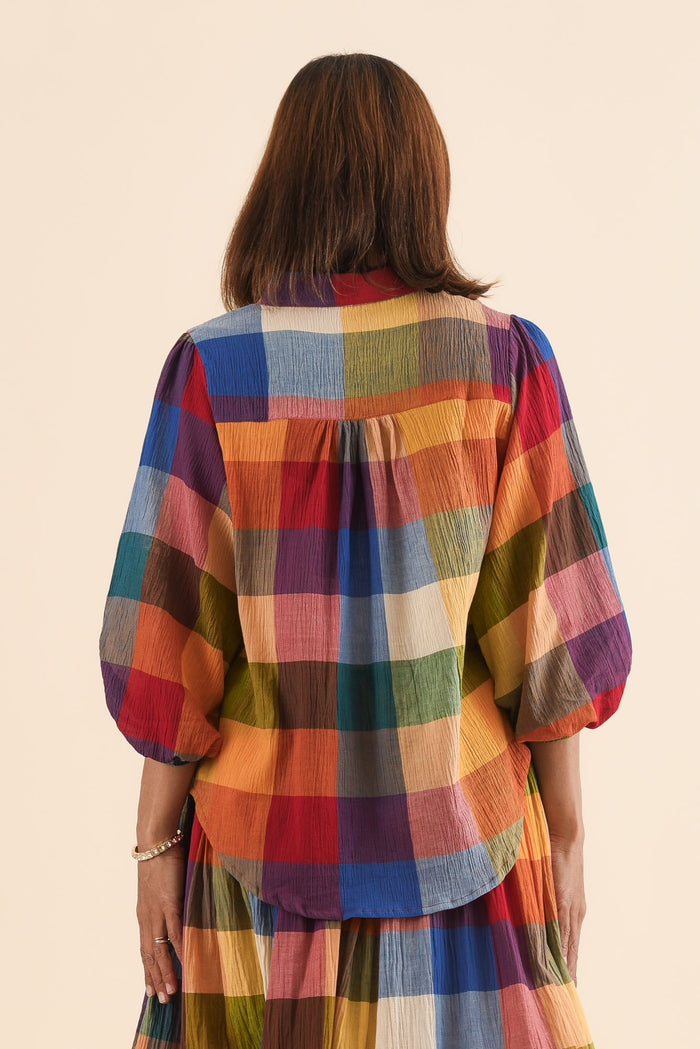 Wesley Orange Check Cotton Shirt,Back,Brunette model,alt text|model:Cara