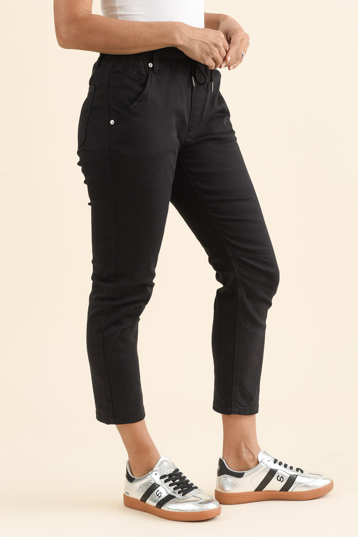 Whistler Black Cotton Jogger Pants,brunette model,Side of Outfit,alt text|model:Cara