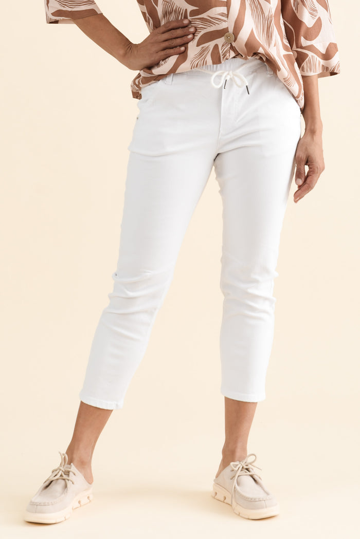 Whistler White Cotton Jogger Pants,brunette model,Front of Outfit,alt text|model:Cara