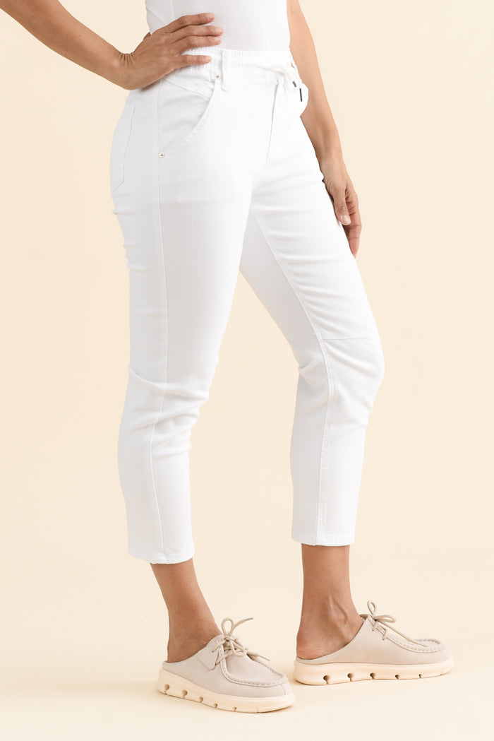 Whistler White Cotton Jogger Pants,brunette model,Side of Outfit,alt text|model:Cara
