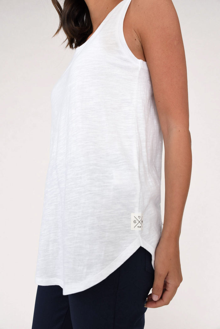 White Cotton Scoop Tank,Brunette model,alt text|model:MJ