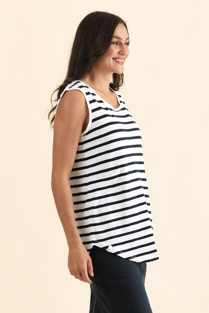 White Stripe Cotton Scoop Tank,Side,Brunette model,alt text|model:Brontie
