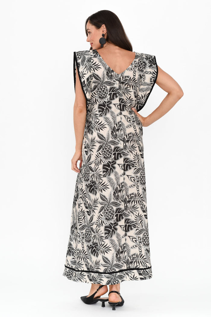 Whitney Black Leaf Linen Maxi Dress,Brunette model,alt text|model:Elouise