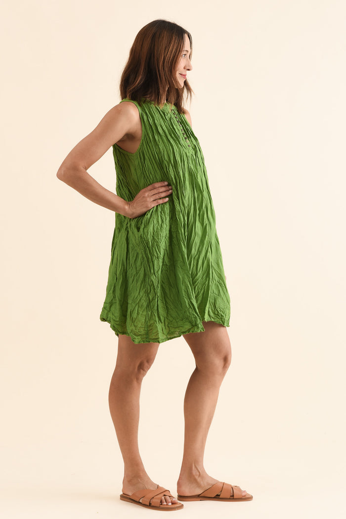 Willa Fern Green Crinkle Cotton Dress,Side,Brunette model,alt text|model:Cara