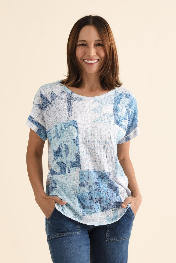 Wilona Blue Botanical Cotton Blend Tee,brunette model,Front of Outfit,alt text|model:Cara