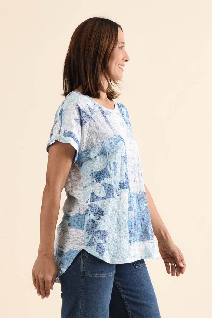 Wilona Blue Botanical Cotton Blend Tee,brunette model,Side of Outfit,alt text|model:Cara