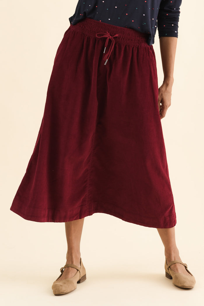 Winnie Burgundy Corduroy Cotton Skirt,Front,Brunette model,alt text|model:Cara