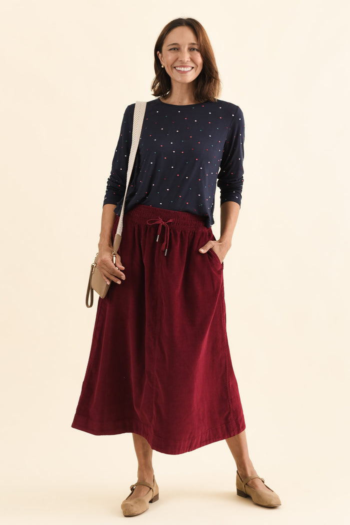 Winnie Burgundy Corduroy Cotton Skirt,Full Body,Brunette model,alt text|model:Cara