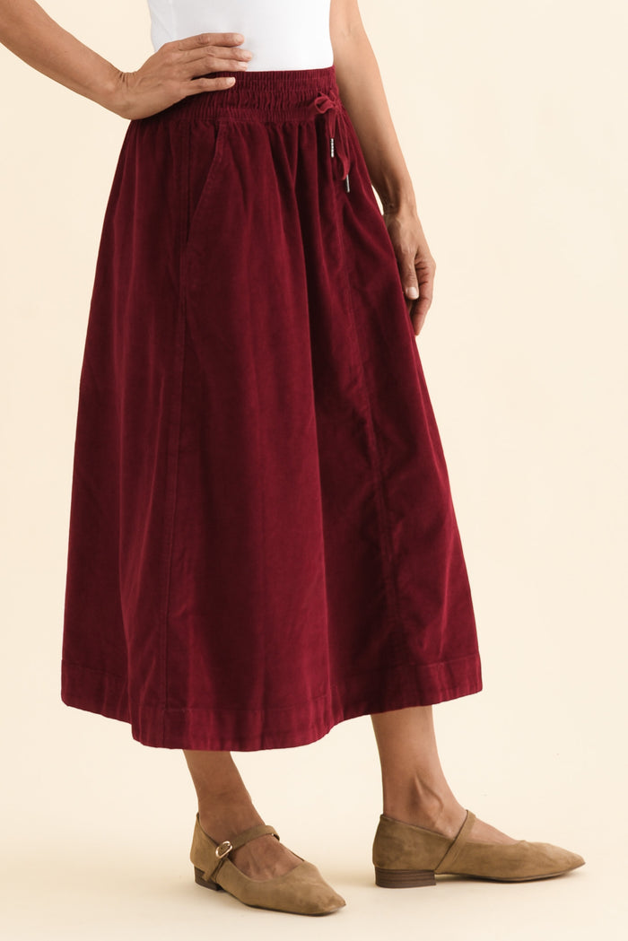 Winnie Burgundy Corduroy Cotton Skirt,Side,Brunette model,alt text|model:Cara