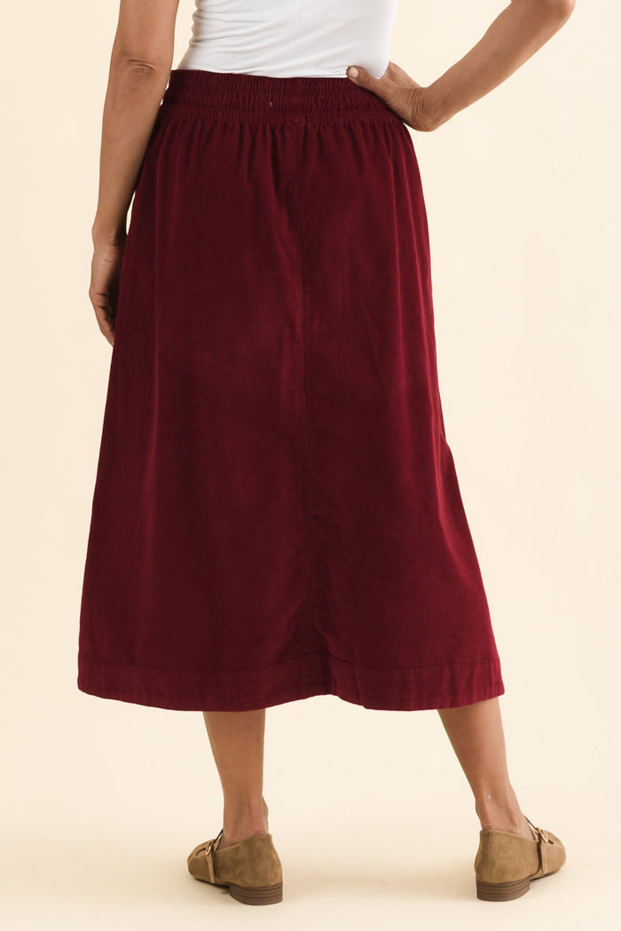 Winnie Burgundy Corduroy Cotton Skirt,Back,Brunette model,alt text|model:Cara
