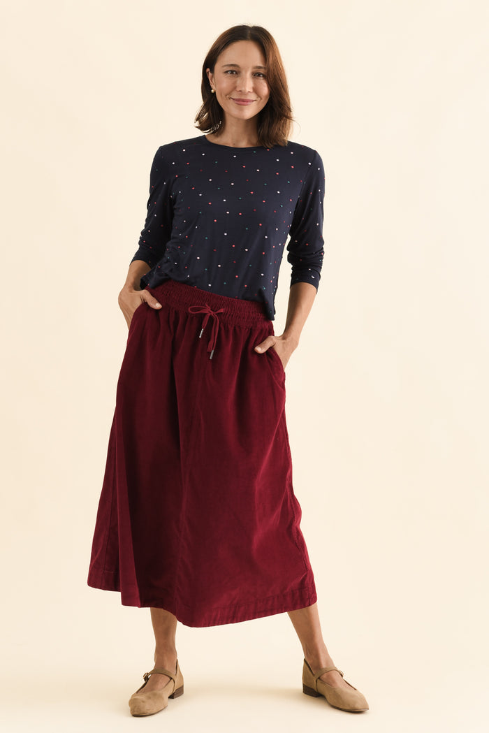 Winnie Burgundy Corduroy Cotton Skirt,Full Body,Brunette model,alt text|model:Cara