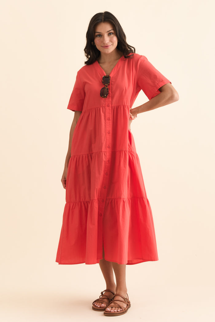 Winona Red Cotton Button Dress,Brunette model,alt text|model:Brontie