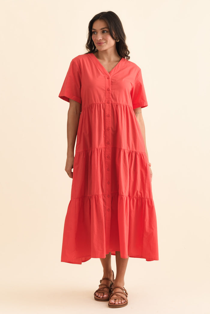 Winona Red Cotton Button Dress,Brunette model,alt text|model:Brontie