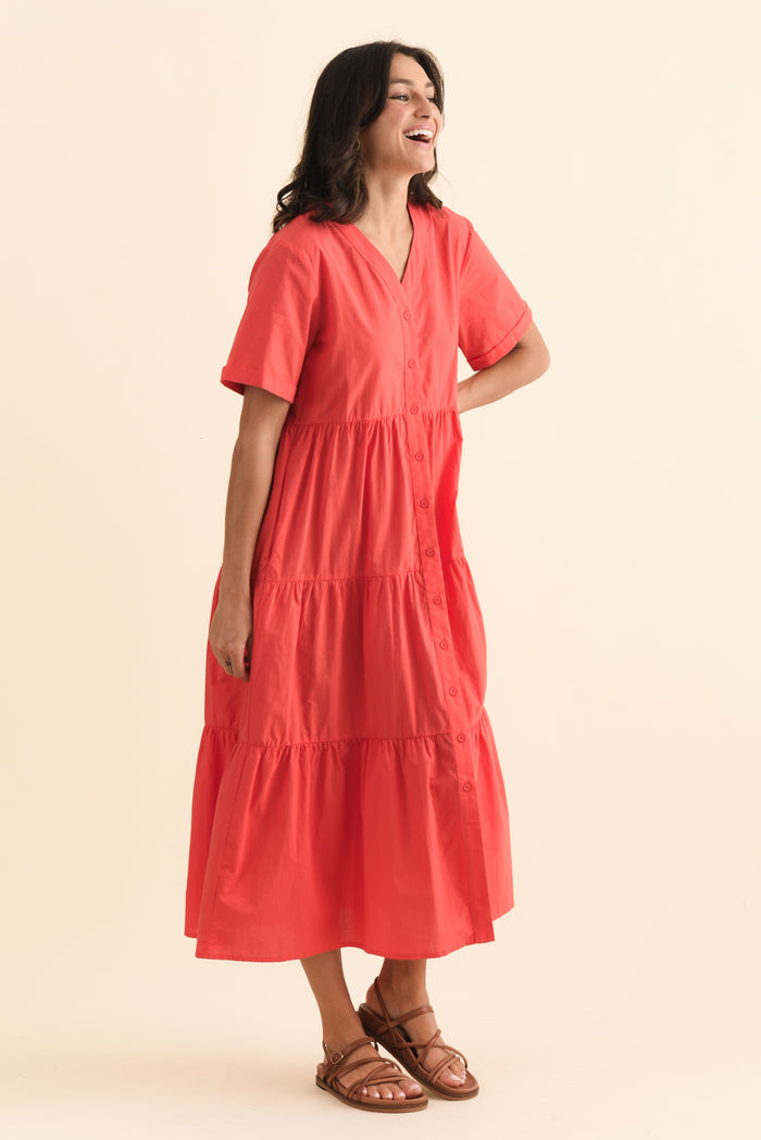 Winona Red Cotton Button Dress,Brunette model,alt text|model:Brontie