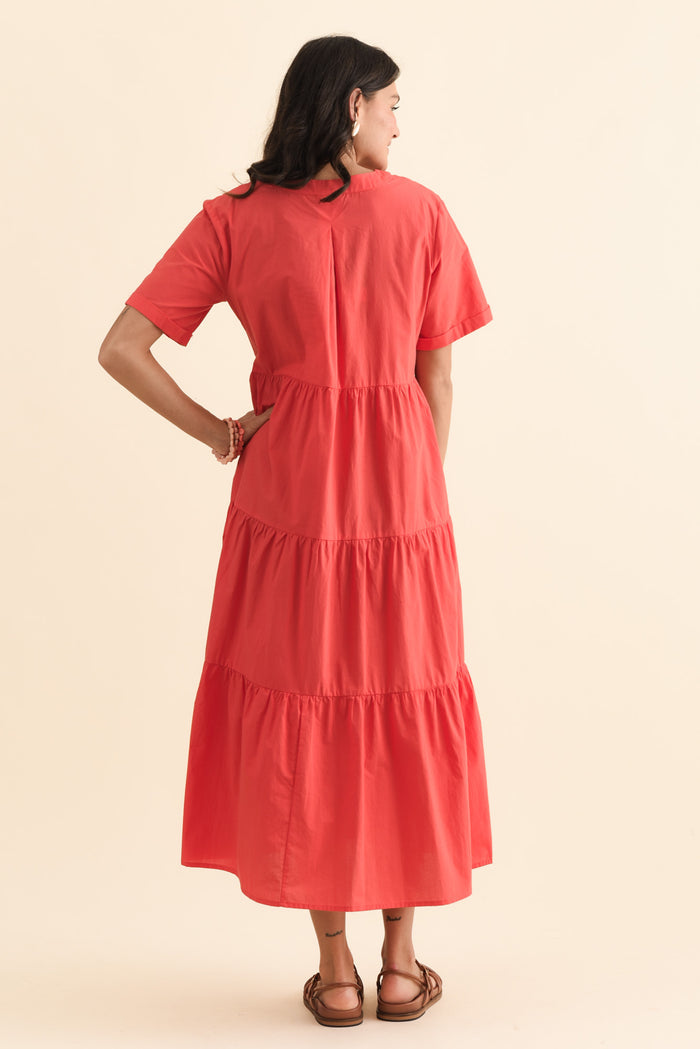 Winona Red Cotton Button Dress,Brunette model,alt text|model:Brontie