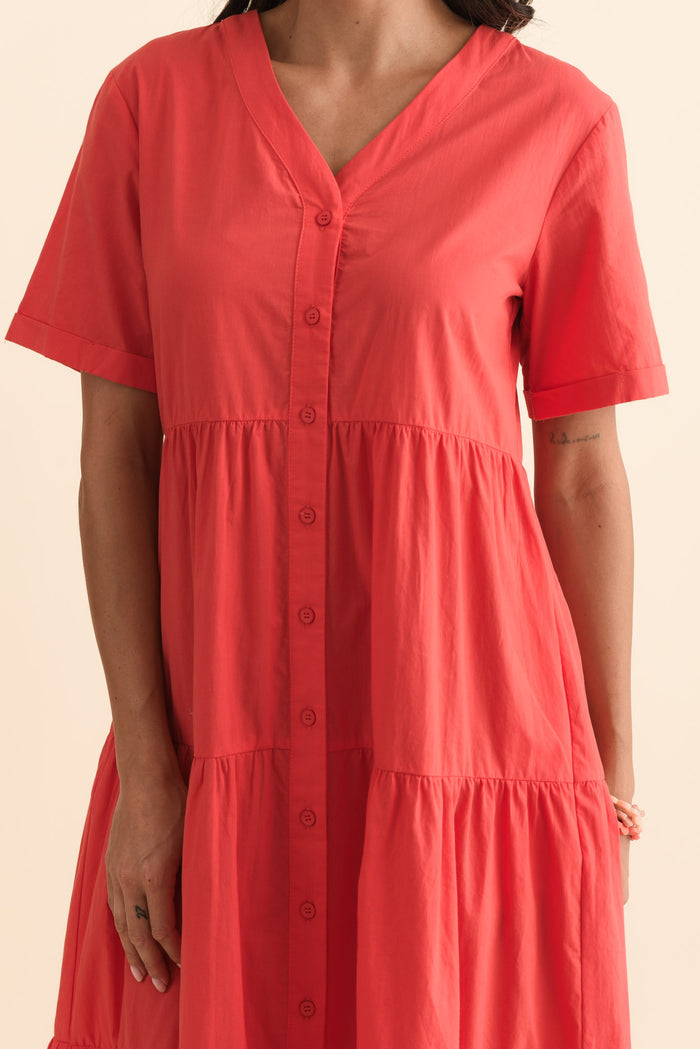 Winona Red Cotton Button Dress,Brunette model,alt text|model:Brontie