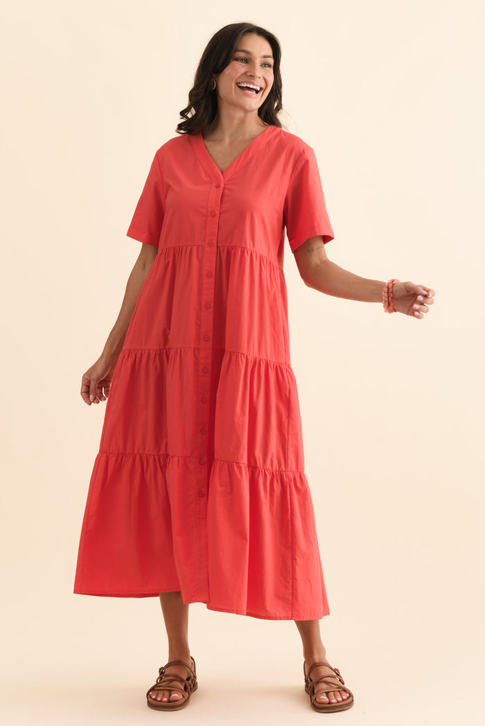 Winona Red Cotton Button Dress,Brunette model,alt text|model:Brontie