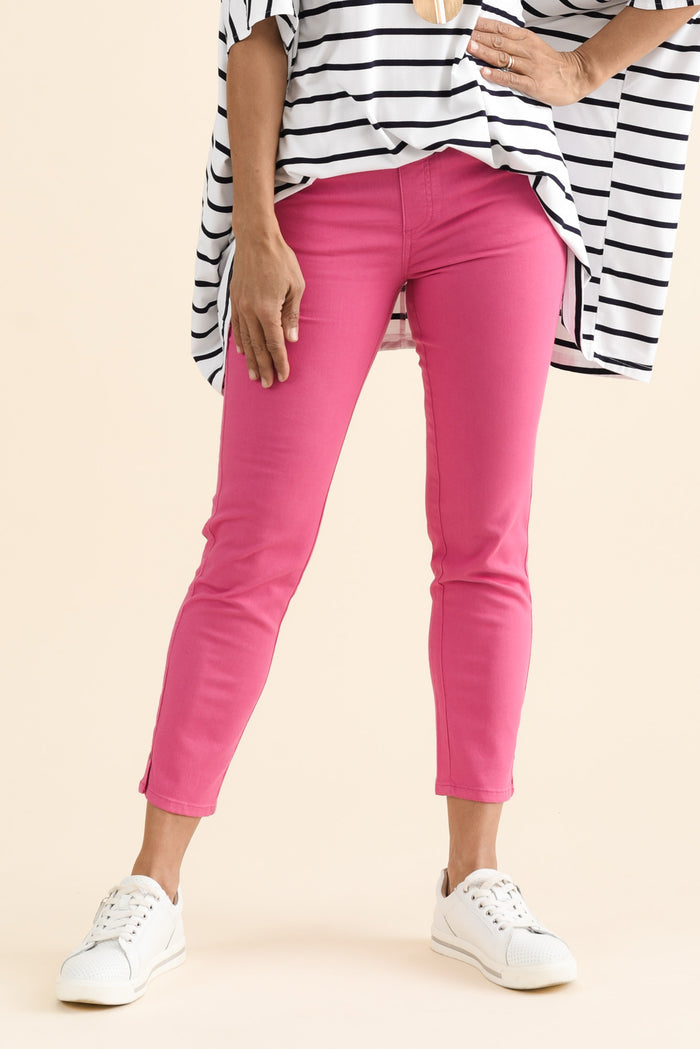 Winslet Hot Pink 7/8 Pants,brunette model,Front of Outfit,alt text|model:Cara
