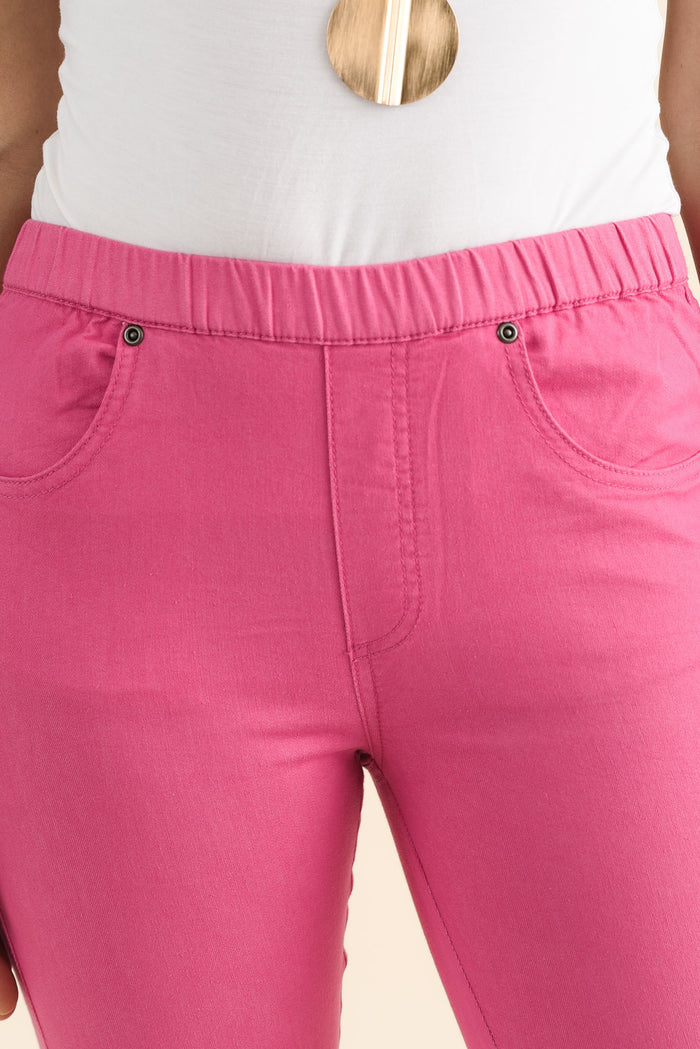 Winslet Hot Pink 7/8 Pants,brunette model,Close up of outfit,alt text|model:Cara
