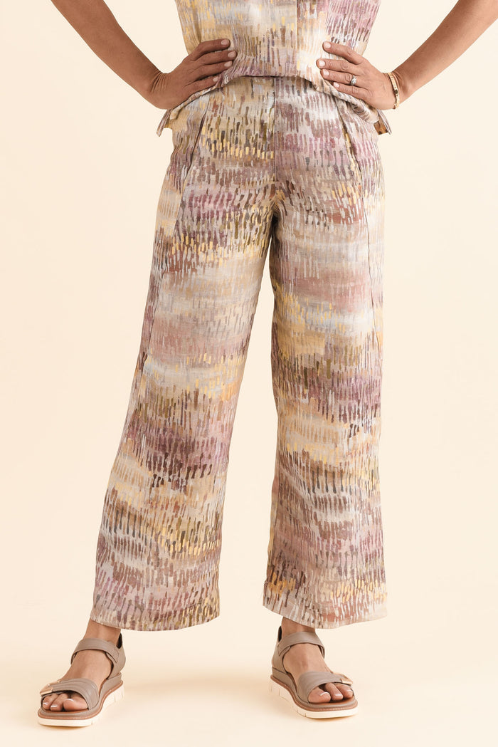 Xandra Yellow Abstract Linen Pocket Pants,Front,Brunette model,alt text|model:Cara