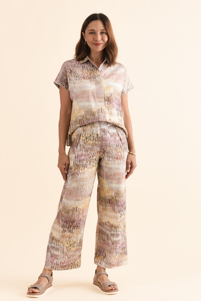 Xandra Yellow Abstract Linen Pocket Pants,Full Body,Brunette model,alt text|model:Cara