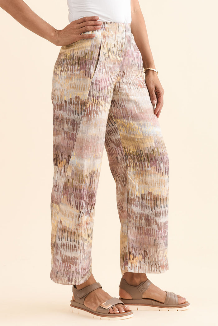 Xandra Yellow Abstract Linen Pocket Pants,Side,Brunette model,alt text|model:Cara