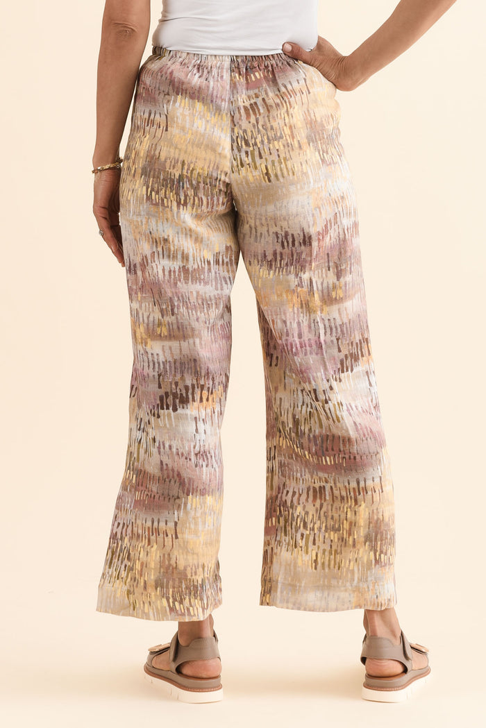 Xandra Yellow Abstract Linen Pocket Pants,Back,Brunette model,alt text|model:Cara