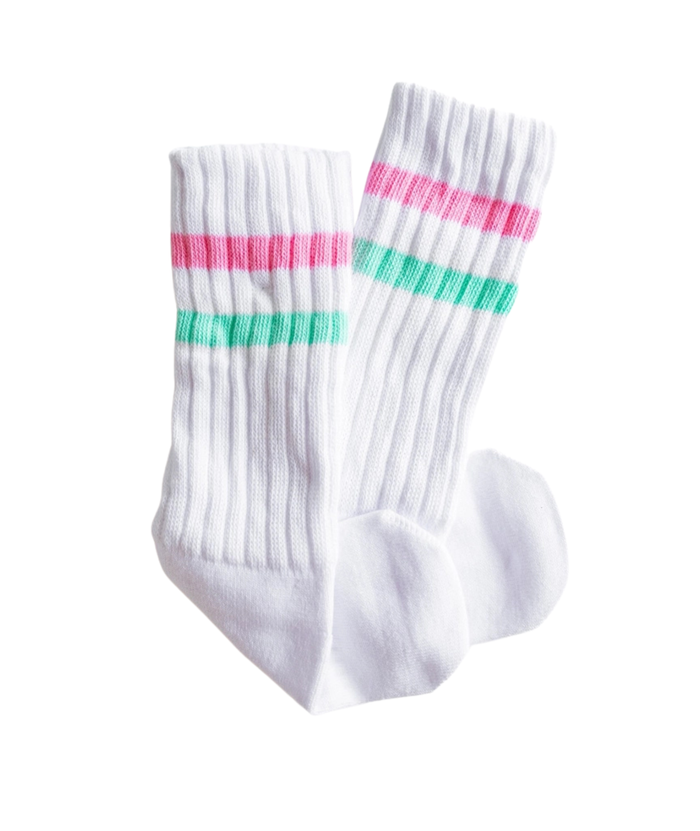 XOXO Crew Socks Pink and Aqua Stripe Distressed/seasonal accessories Frankie's Exclusives Striped One Size Fits Most (Y/7-Y/14)