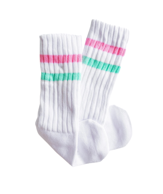 XOXO Crew Socks Pink and Aqua Stripe Distressed/seasonal accessories Frankie's Exclusives Striped One Size Fits Most (Y/7-Y/14)