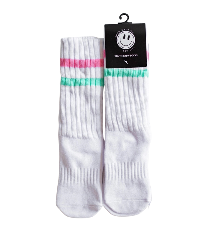 XOXO Crew Socks Pink and Aqua Stripe Distressed/seasonal accessories Frankie's Exclusives