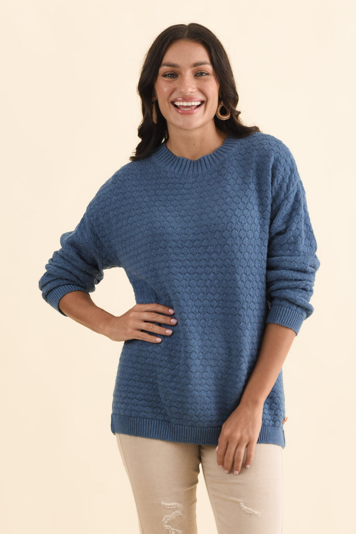 Yanny Blue Organic Cotton Knit Jumper,Brunette model,alt text|model:Brontie
