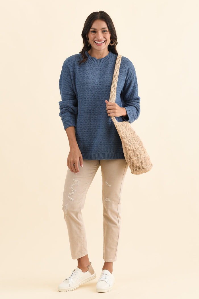 Yanny Blue Organic Cotton Knit Jumper,Brunette model,alt text|model:Brontie