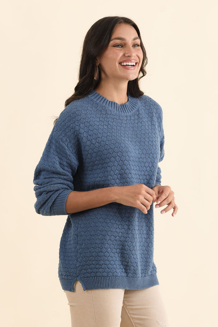 Yanny Blue Organic Cotton Knit Jumper,Brunette model,alt text|model:Brontie