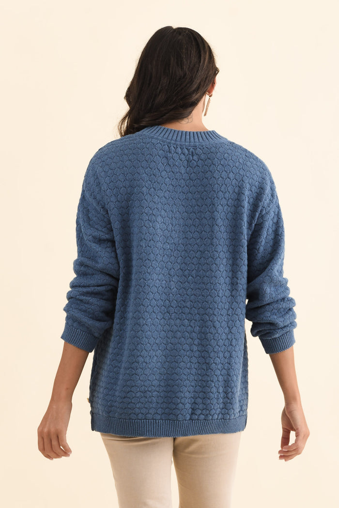Yanny Blue Organic Cotton Knit Jumper,Brunette model,alt text|model:Brontie