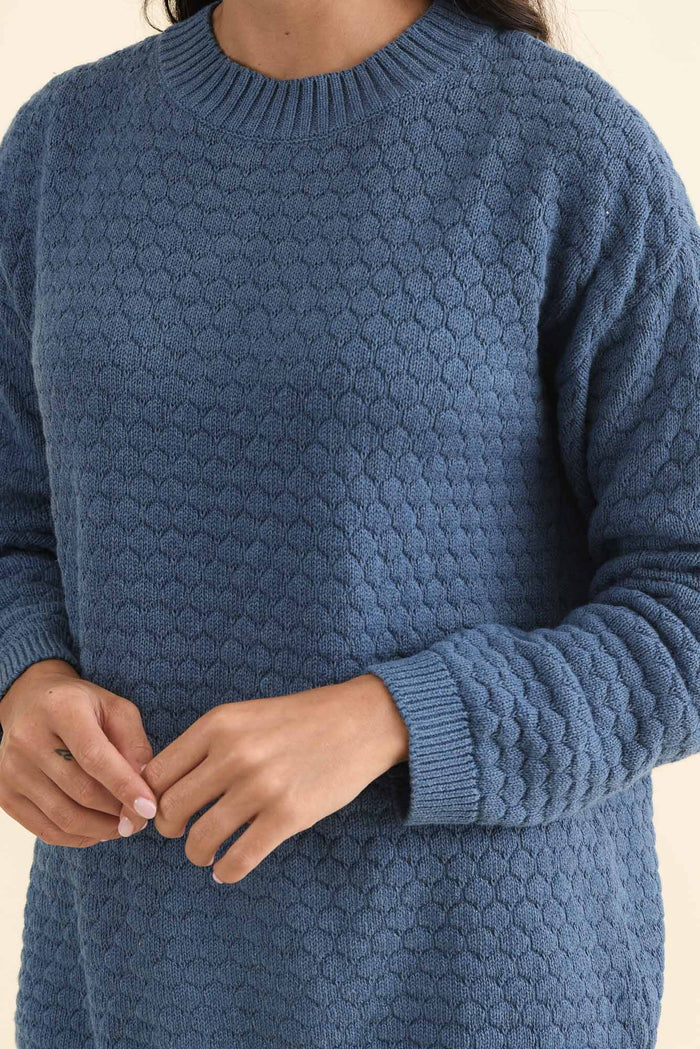 Yanny Blue Organic Cotton Knit Jumper,Brunette model,alt text|model:Brontie
