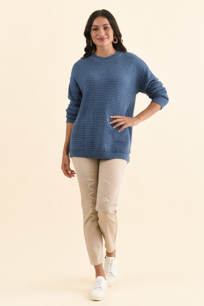 Yanny Blue Organic Cotton Knit Jumper,Brunette model,alt text|model:Brontie