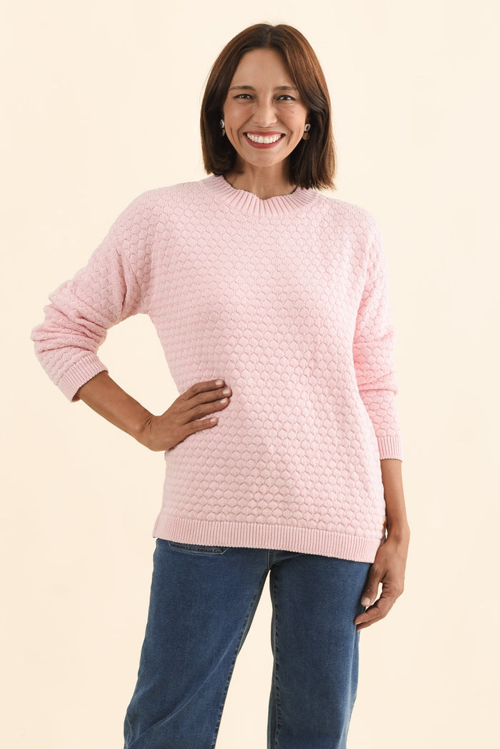 Yanny Blush Organic Cotton Knit Jumper,Brunette model,alt text|model:Cara
