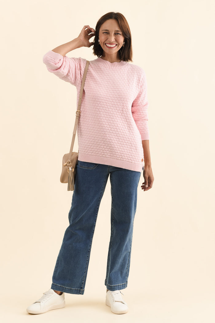 Yanny Blush Organic Cotton Knit Jumper,Brunette model,alt text|model:Cara