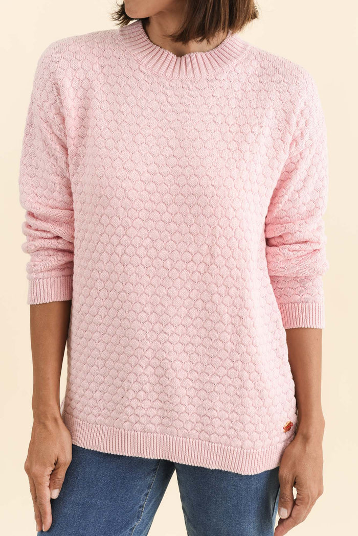 Yanny Blush Organic Cotton Knit Jumper,Brunette model,alt text|model:Cara