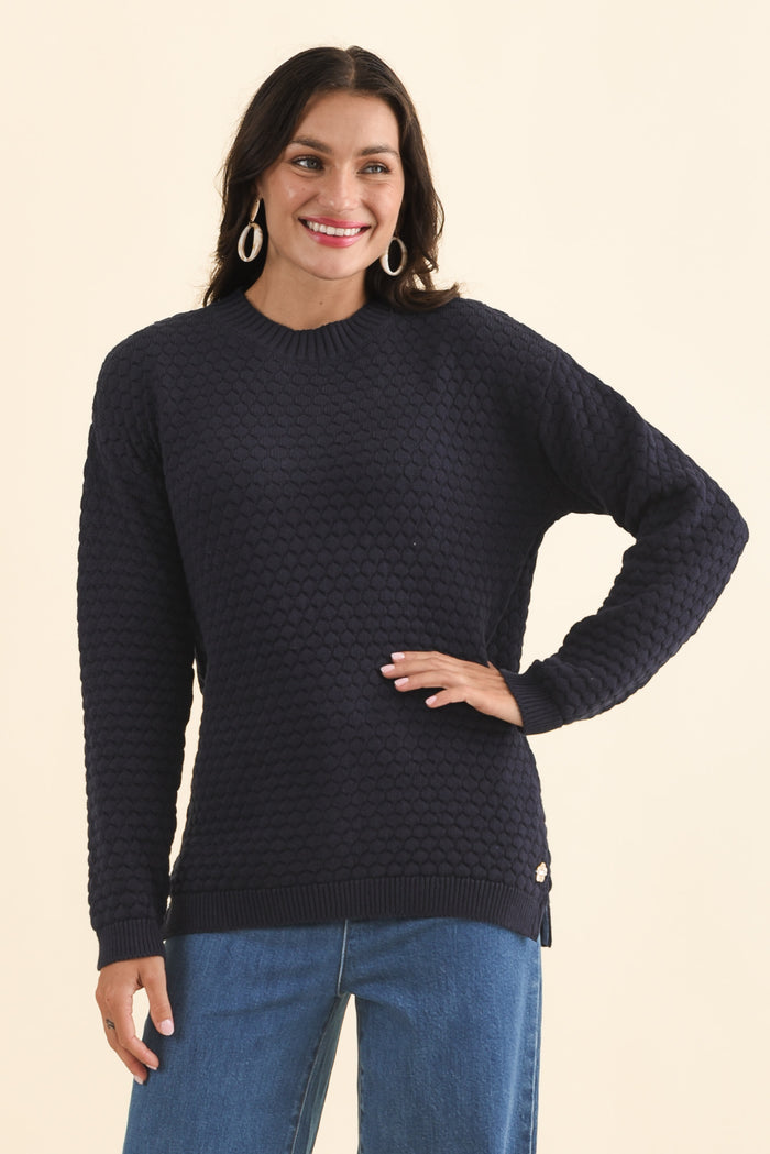 Yanny Navy Organic Cotton Knit Jumper,Brunette model,alt text|model:Brontie