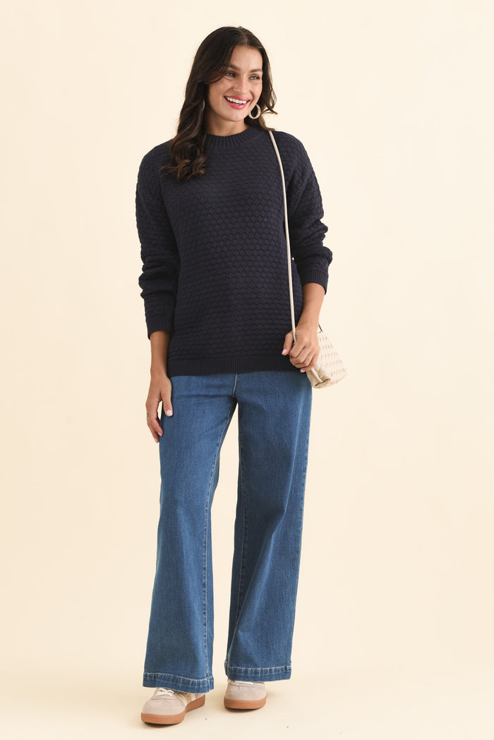 Yanny Navy Organic Cotton Knit Jumper,Brunette model,alt text|model:Brontie