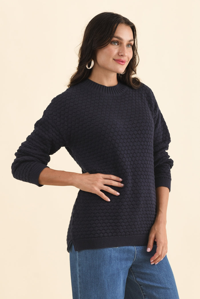 Yanny Navy Organic Cotton Knit Jumper,Brunette model,alt text|model:Brontie